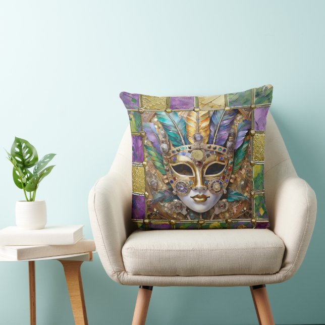 Mardi Gras Gold & Keramik Farbenfrohe Federn Maske Kissen (Stuhl )
