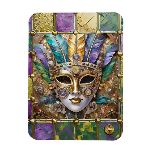 Mardi Gras Gold & Keramik Farbenfrohe Federn Maske Magnet (Vertikal)