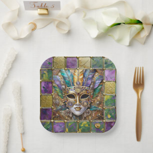 Mardi Gras Gold & Keramik Farbenfrohe Federn Maske Pappteller