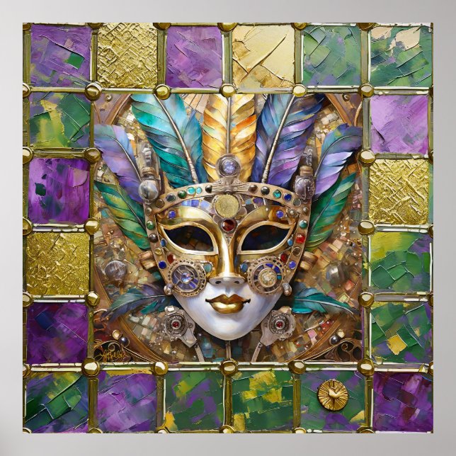 Mardi Gras Gold & Keramik Farbenfrohe Federn Maske Poster (Vorne)
