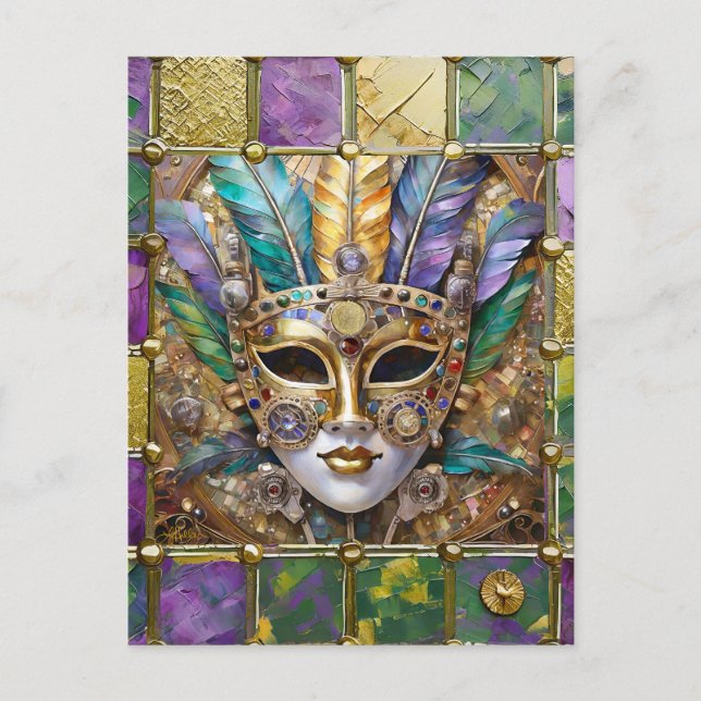 Mardi Gras Gold & Keramik Farbenfrohe Federn Maske Postkarte (Vorderseite)