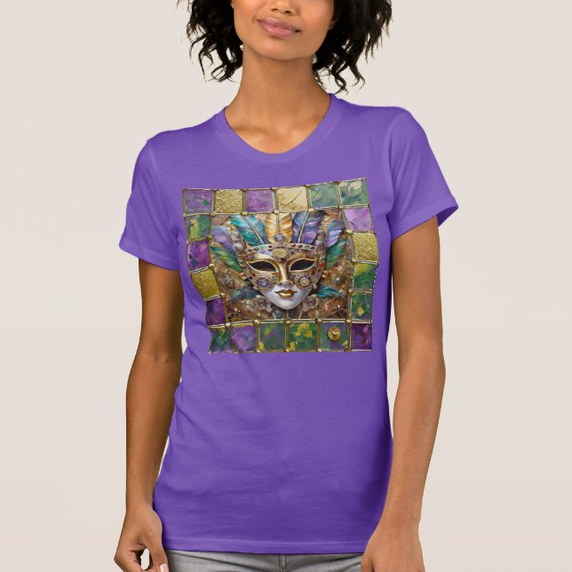 Mardi Gras Gold & Keramik Farbenfrohe Federn Maske T-Shirt (Vorderseite)