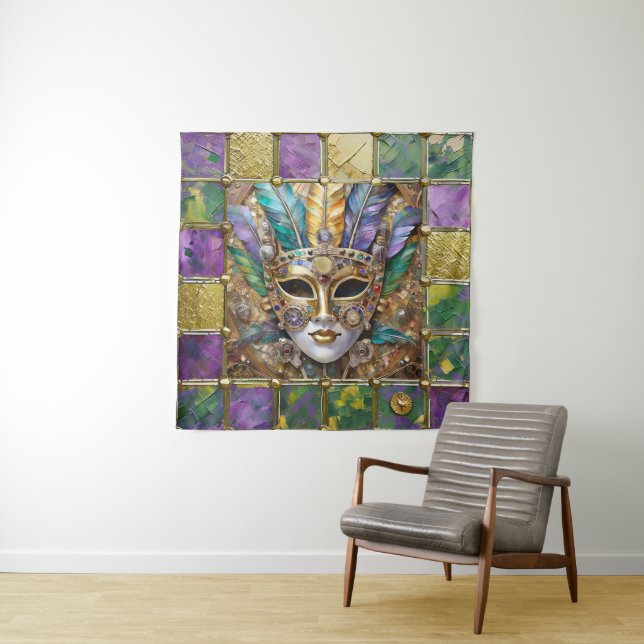 Mardi Gras Gold & Keramik Farbenfrohe Federn Maske Wandteppich (Beispiel)