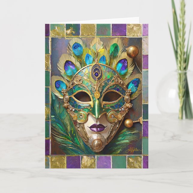 Mardi Gras Gold Keramik Peacock Feather Mask Karte (Vorderseite)