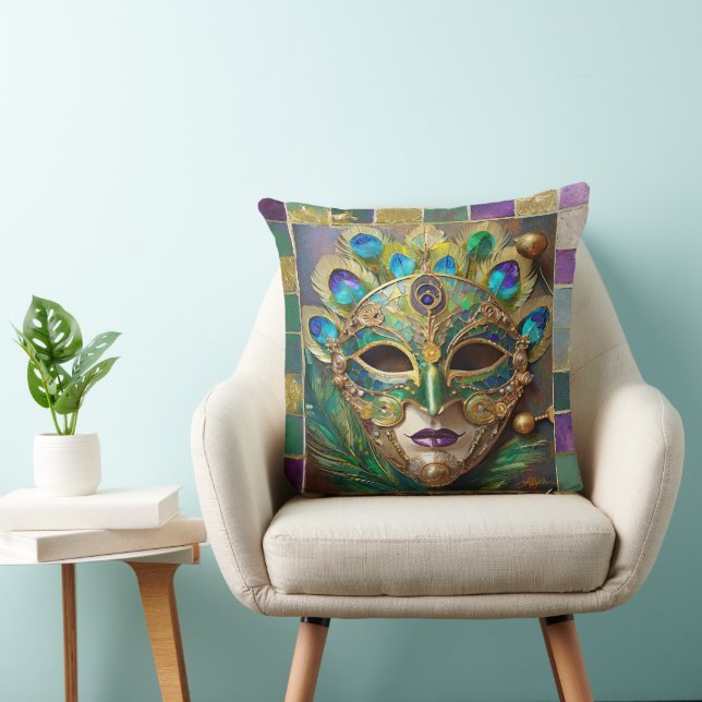 Mardi Gras Gold Keramik Peacock Feather Mask Kissen (Stuhl )