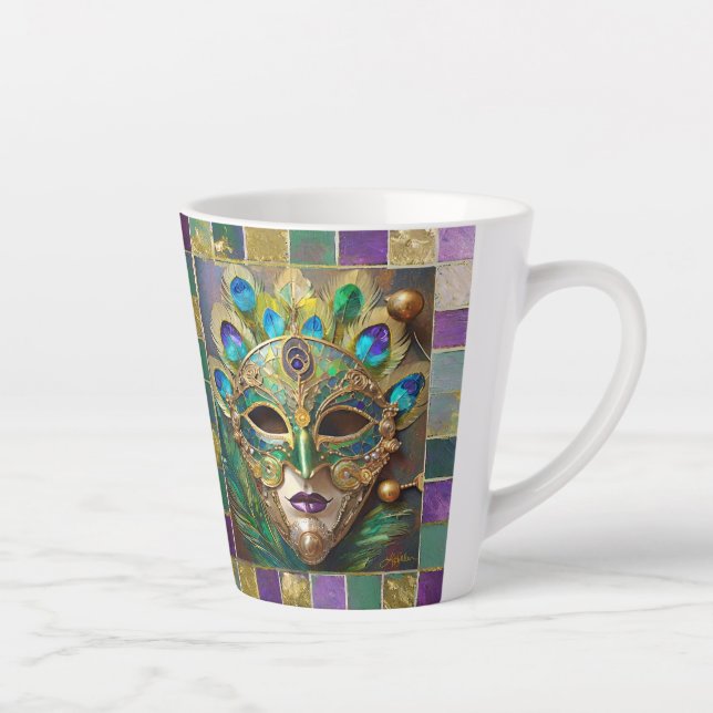 Mardi Gras Gold Keramik Peacock Feather Mask Milchtasse (Rechts)
