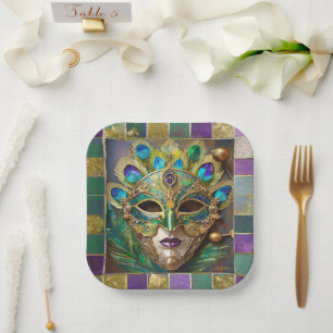 Mardi Gras Gold Keramik Peacock Feather Mask Pappteller