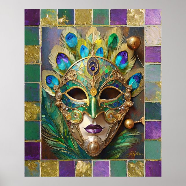 Mardi Gras Gold Keramik Peacock Feather Mask Poster (Vorne)