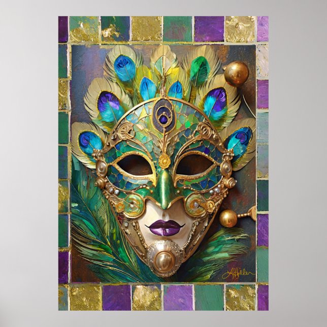 Mardi Gras Gold Keramik Peacock Feather Mask Poster (Vorne)