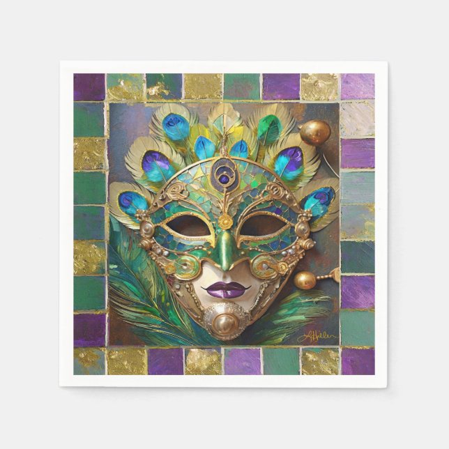 Mardi Gras Gold Keramik Peacock Feather Mask Serviette (Vorderseite)