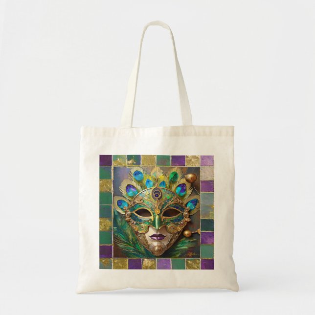 Mardi Gras Gold Keramik Peacock Feather Mask Tragetasche (Vorne)