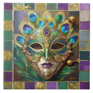 Mardi Gras Gold Keramik Pfauenfeder Maske Fliese