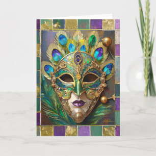 Mardi Gras Gold Keramik Pfauenfeder Maske Karte