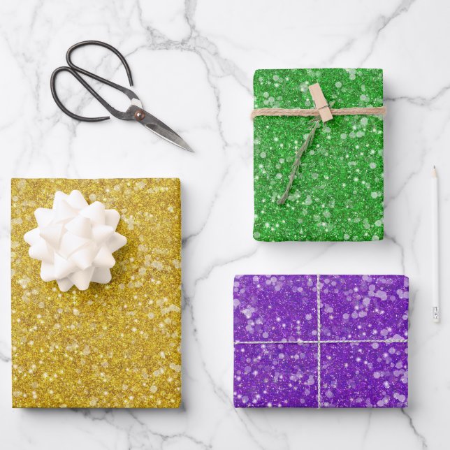 Mardi Gras Gold Lila Green Imitats Glitzer Bling Geschenkpapier Set (Vorderseite)