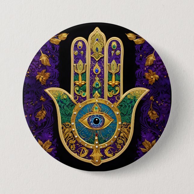 Mardi Gras Gold Lila Grüne Hamsas Art Button (Vorderseite)
