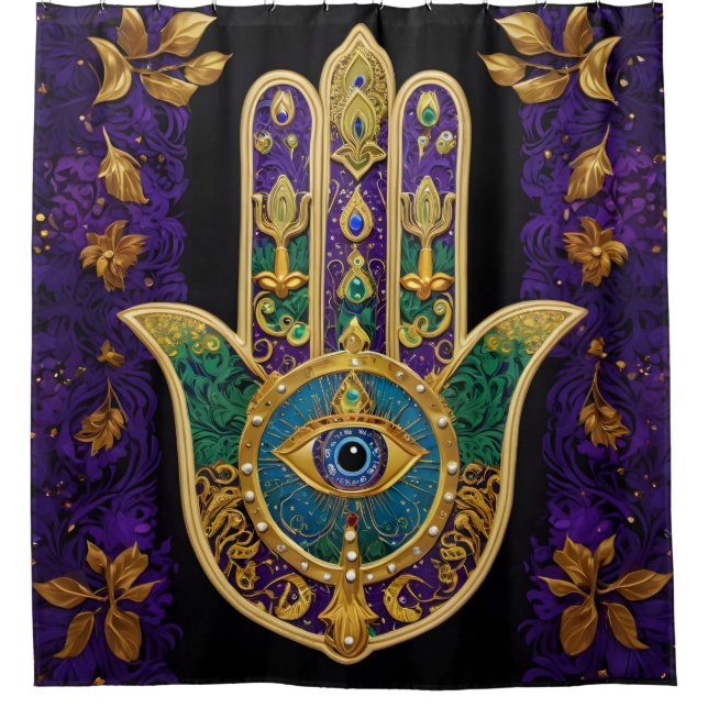 Mardi Gras Gold Lila Grüne Hamsas Art Duschvorhang (Vorderseite)