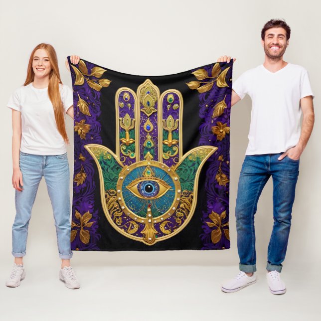 Mardi Gras Gold Lila Grüne Hamsas Art Fleecedecke (Beispiel)