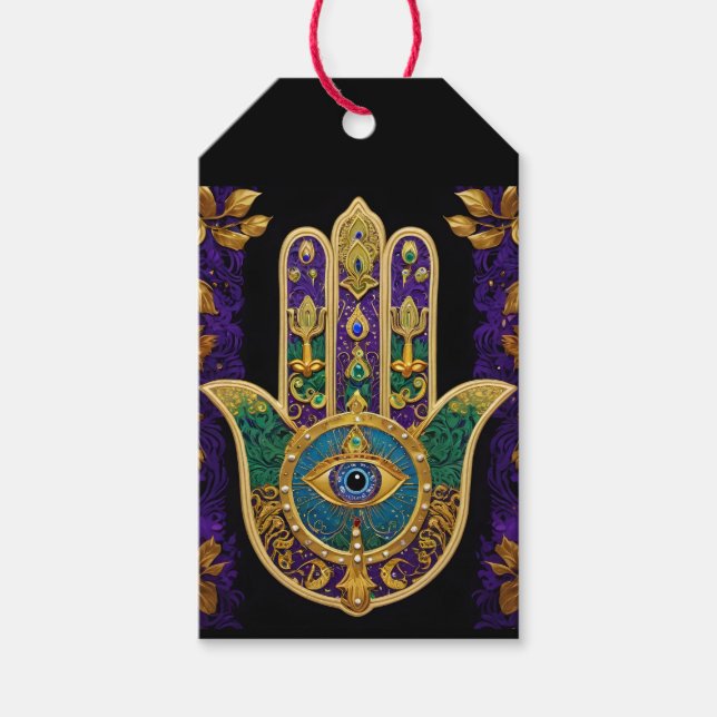 Mardi Gras Gold Lila Grüne Hamsas Art Geschenkanhänger (Vorderseite)