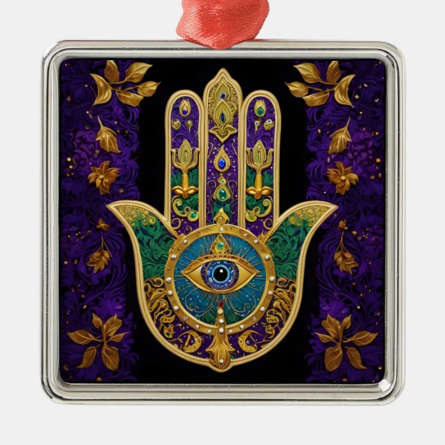 Mardi Gras Gold Lila Grüne Hamsas Art Ornament Aus Metall (Vorne)