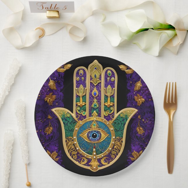 Mardi Gras Gold Lila Grüne Hamsas Art Pappteller (Hochzeit)