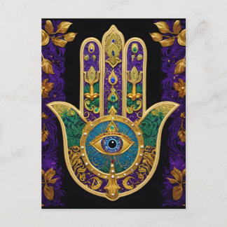 Mardi Gras Gold Lila Grüne Hamsas Art Postkarte