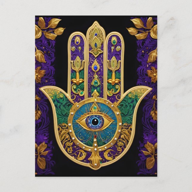 Mardi Gras Gold Lila Grüne Hamsas Art Postkarte (Vorderseite)