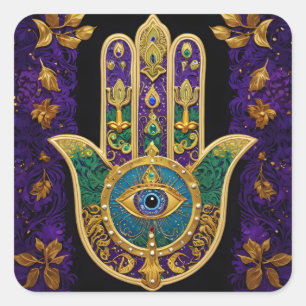 Mardi Gras Gold Lila Grüne Hamsas Art Quadratischer Aufkleber
