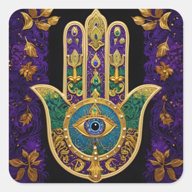 Mardi Gras Gold Lila Grüne Hamsas Art Quadratischer Aufkleber (Vorderseite)