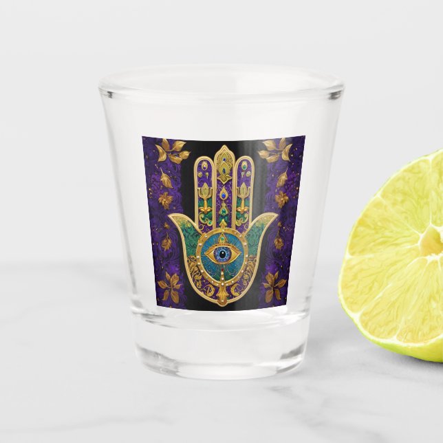 Mardi Gras Gold Lila Grüne Hamsas Art Schnapsglas (Vorderseite)