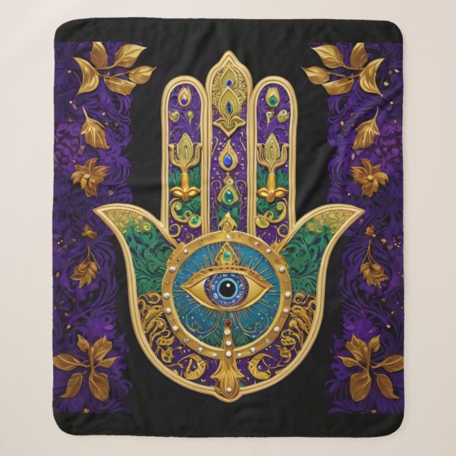 Mardi Gras Gold Lila Grüne Hamsas Art Sherpadecke (Vorderseite)