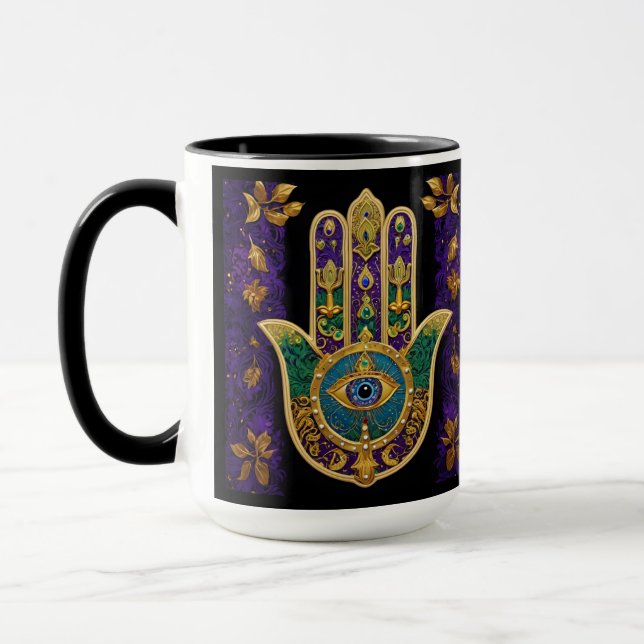 Mardi Gras Gold Lila Grüne Hamsas Art Tasse (Links)