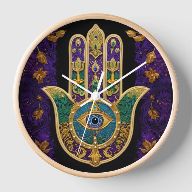 Mardi Gras Gold Lila Grüne Hamsas Art Uhr (Vorderseite)