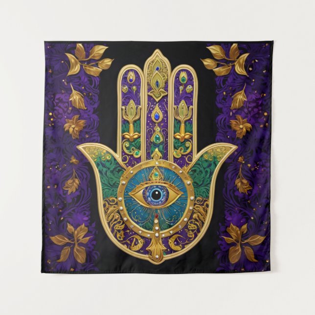 Mardi Gras Gold Lila Grüne Hamsas Art Wandteppich (Vorderseite)