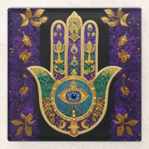 Mardi Gras Gold Lila Grüne Hamsas Kunst Glasuntersetzer
