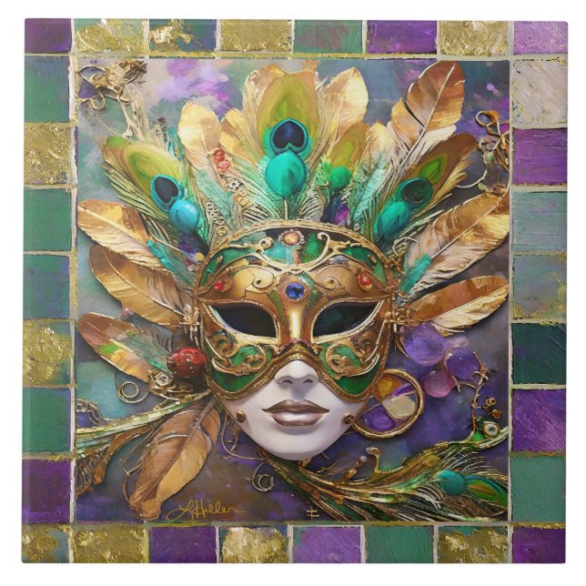 Mardi Gras Gold und Green Peacock Feather Mask Fliese (Vorderseite)