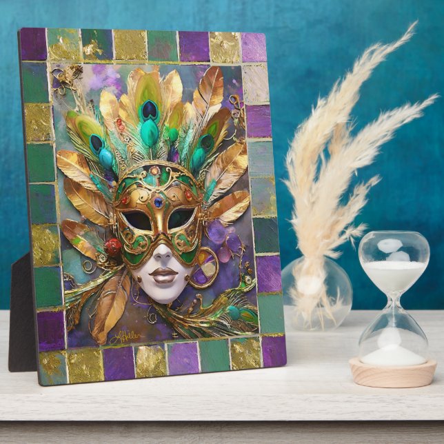Mardi Gras Gold und Green Peacock Feather Mask Fotoplatte (Seite)