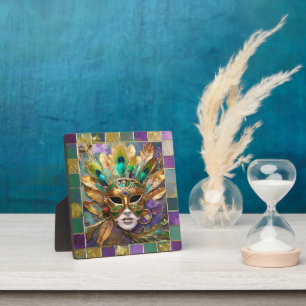 Mardi Gras Gold und Green Peacock Feather Mask Fotoplatte