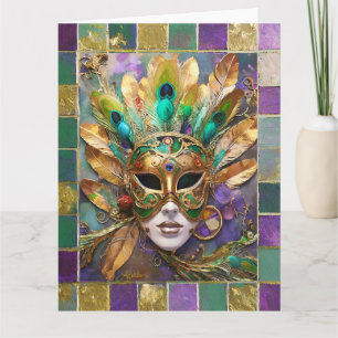 Mardi Gras Gold und Green Peacock Feather Mask Karte