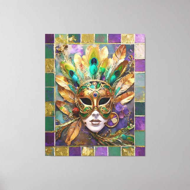 Mardi Gras Gold und Green Peacock Feather Mask Leinwanddruck (Vorderseite)