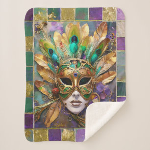 Mardi Gras Gold und Green Peacock Feather Mask Sherpadecke