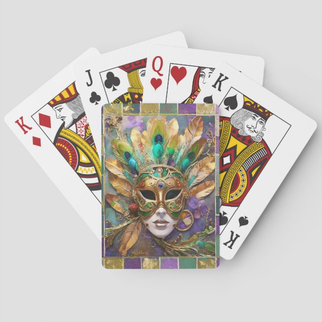 Mardi Gras Gold und Green Peacock Feather Mask Spielkarten (Rückseite)