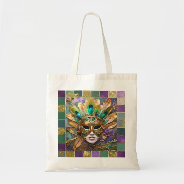 Mardi Gras Gold und Green Peacock Feather Mask Tragetasche (Vorne)