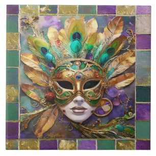 Mardi Gras Gold- und Grün-Pfauenfeder-Maske Fliese