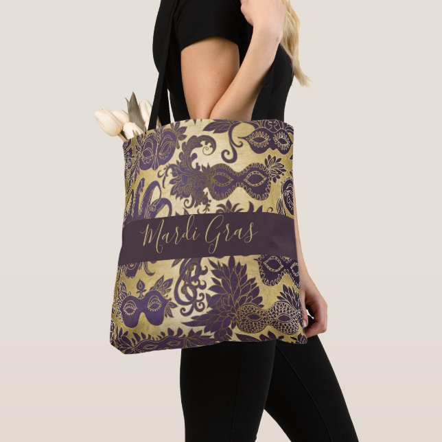 Mardi Gras Gold und Lila Masken Mit Monogramm Tasche (Von Nahem)