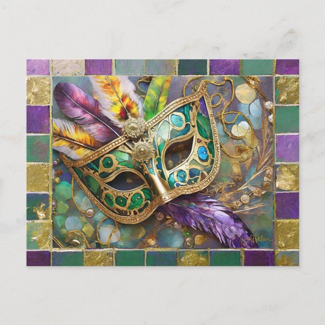 Mardi Gras Green and Gold Colorful Feathers Maske Postkarte (Vorderseite)