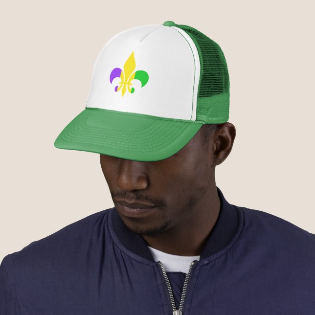 Mardi Gras Green Yellow Lila Fleur-de-Lis Truckerkappe (Beispiel)