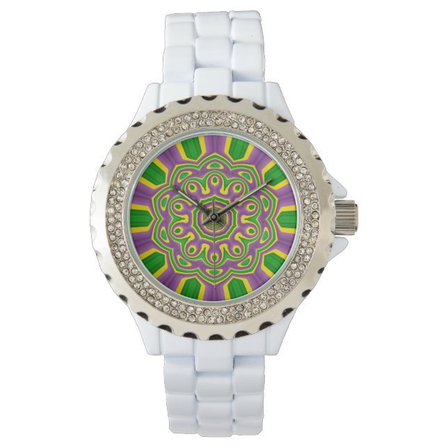 Mardi Gras Green Yellow Lila Pattern Mandala Armbanduhr (Vorderseite)