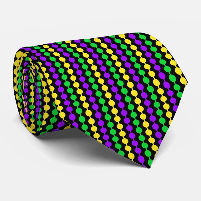 Mardi Gras grün, gelb, Lila Beads auf schwarz Krawatte (Gerollt)