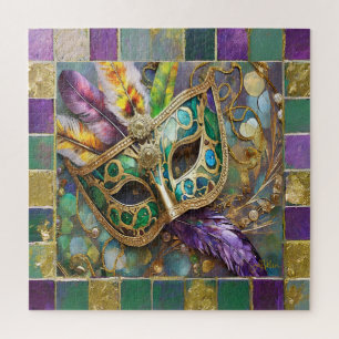 Mardi Gras Grün und Gold Farbige Federn Maske