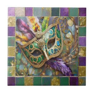 Mardi Gras Grün und Gold Farbige Federn Maske Fliese
